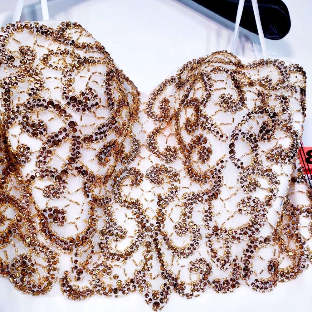 NWT ALYCE PARIS White Gold Beaded Formal Gown 8 M - Picture 7 of 10